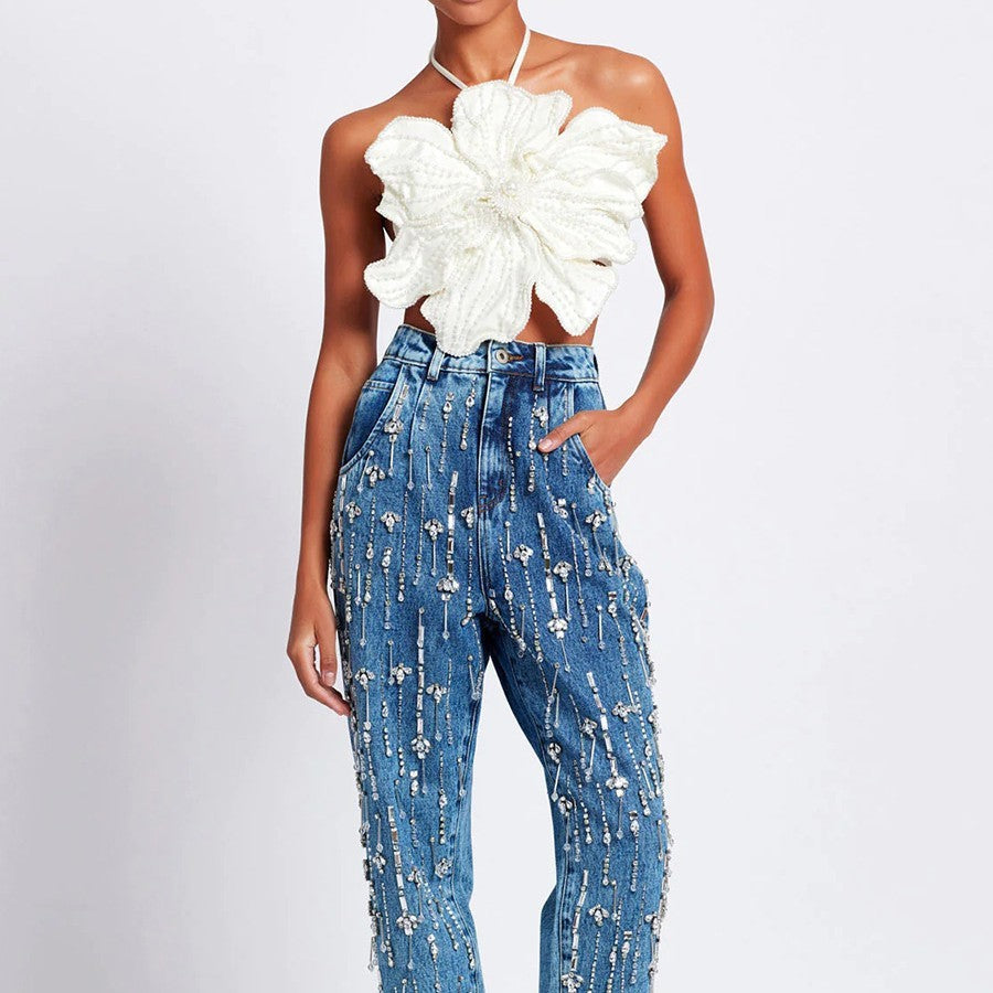 Savana - High-necked floral top with pearls