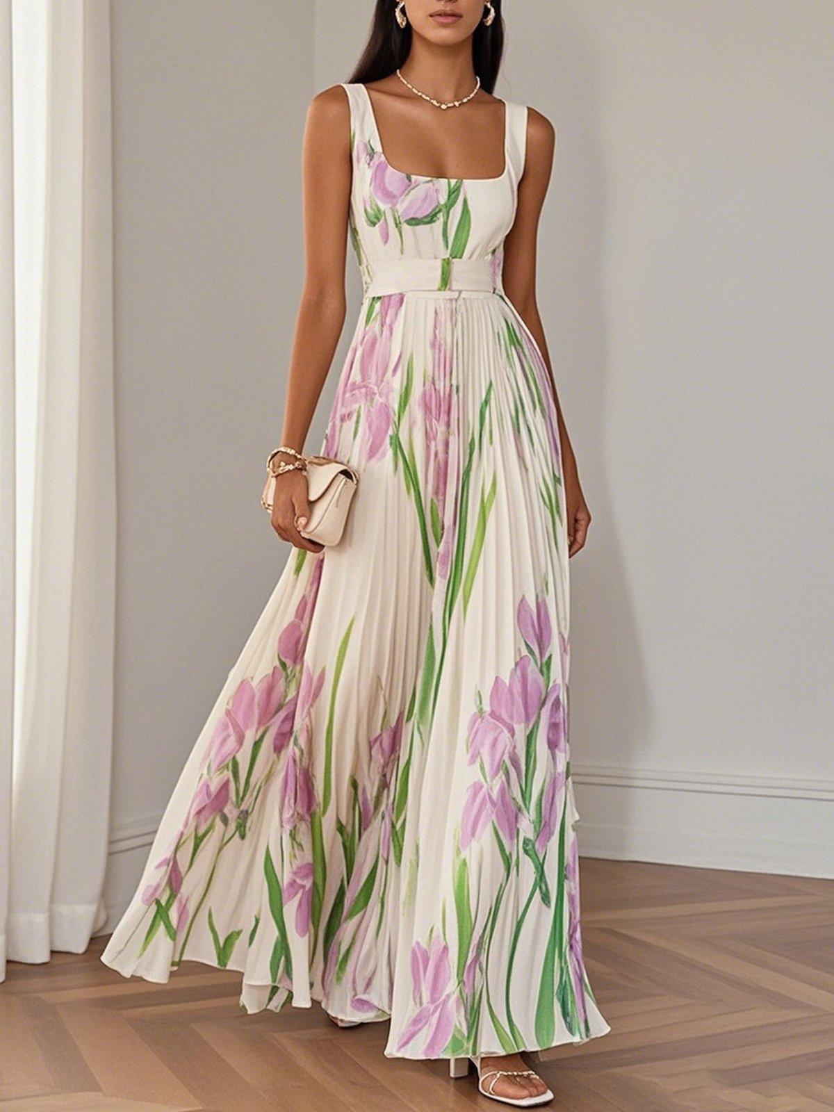 Breeze Pleated Floral Chiffon Square Neck Sleeveless A-Line Maxi Dress