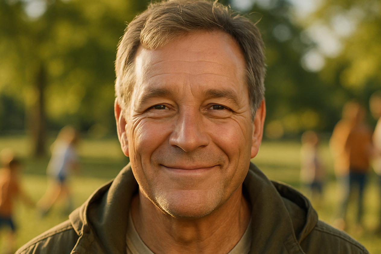 close up of face of man in 50s at park with family