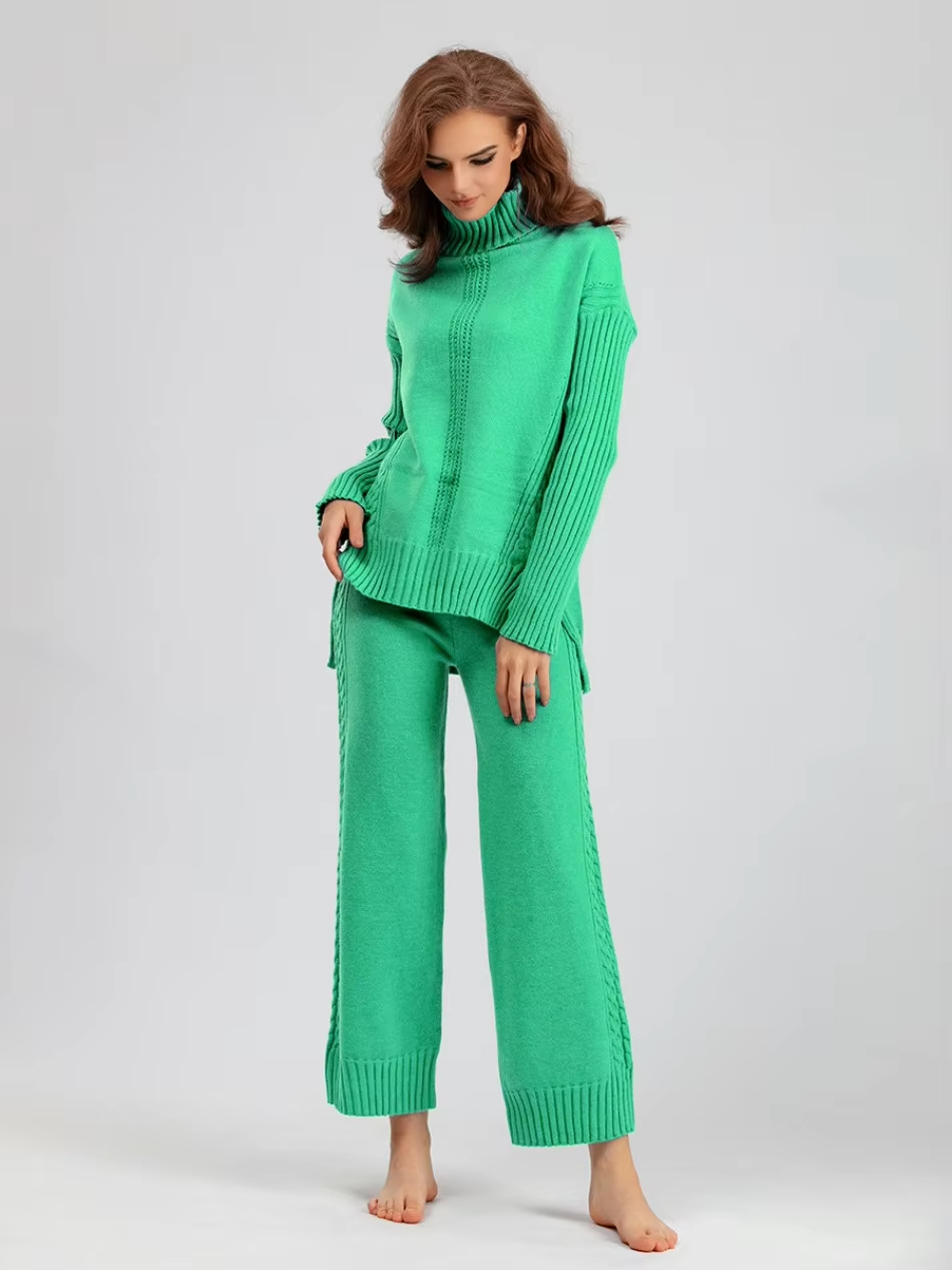 Illia - Stylish High-neck Pullover Sweater with Loose Pants Set