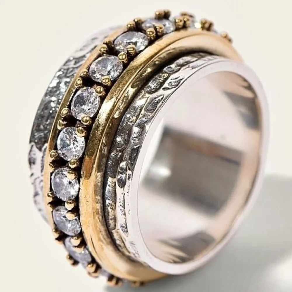 Retro Gold & Silver Ring with Inlaid Zirconia