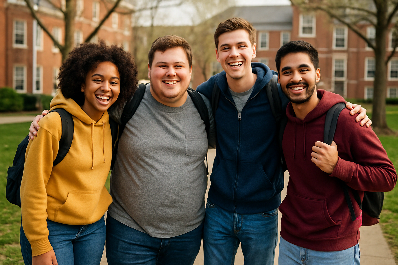 group photo of collage room mates in americam campus with a slighlty fatter guy in there 