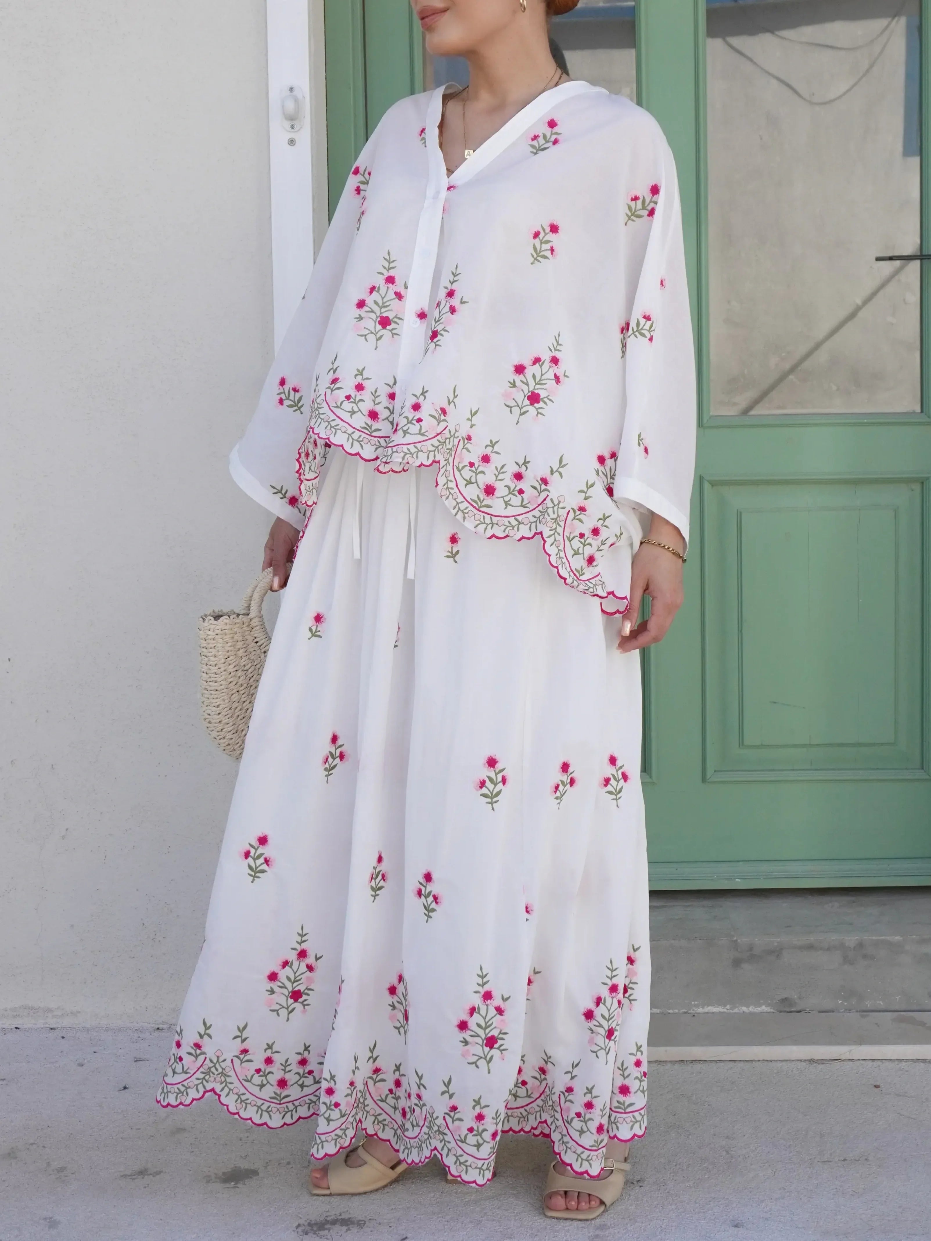 Floral Embroidered White Skirt Blouse Set