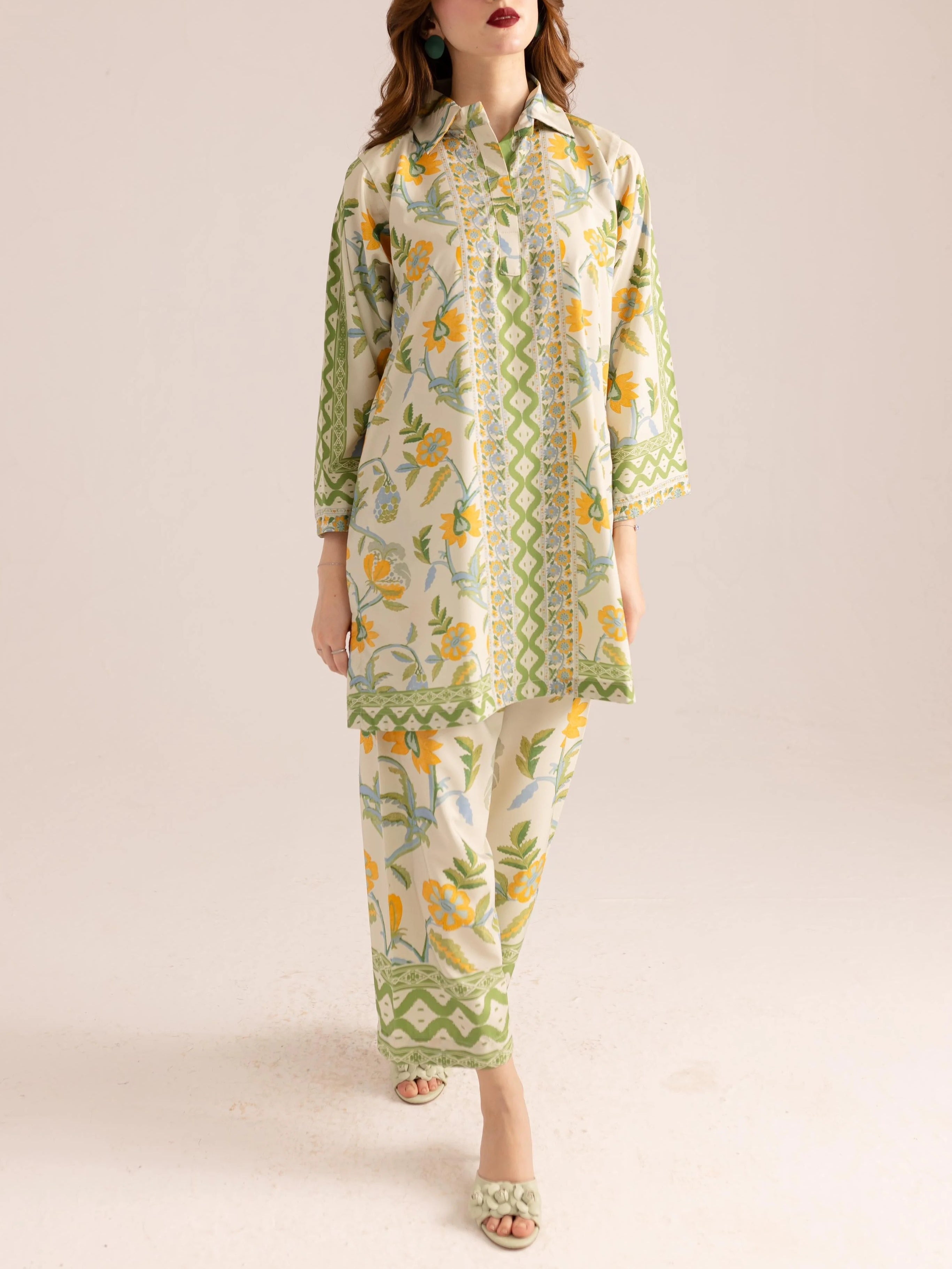 Green Trim Details Bohemian Floral Print Co-ord Set
