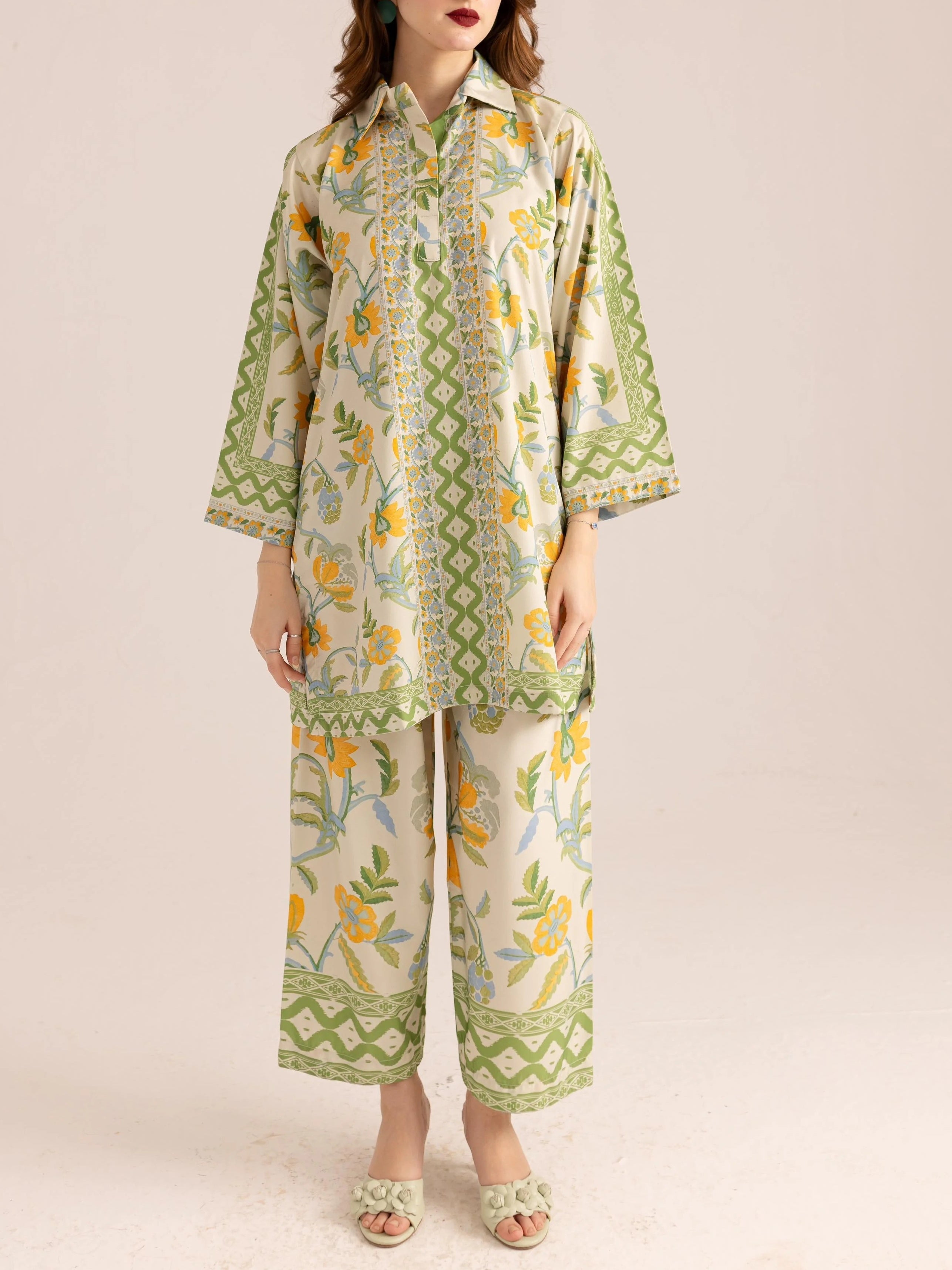Green Trim Details Bohemian Floral Print Co-ord Set