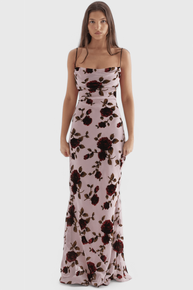 Irina | Satin Slip Dress with Floral Print & Open Back