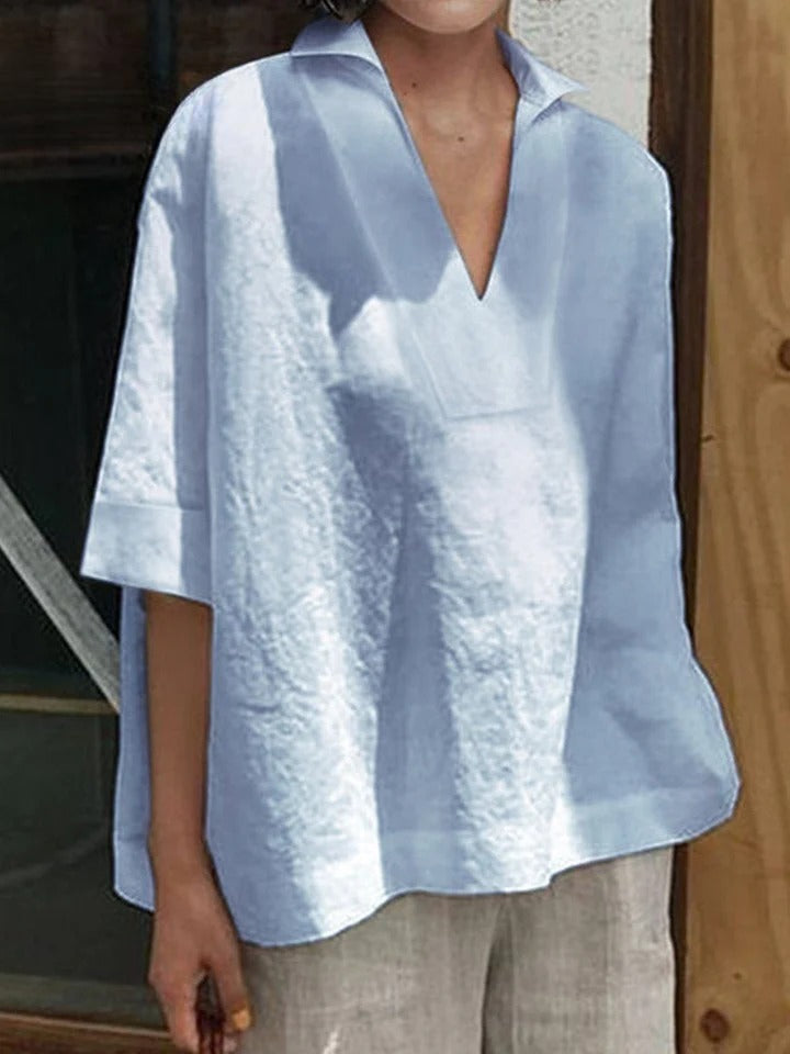 Verena - Solid V-neck Loose Mid-Sleeve Shirt