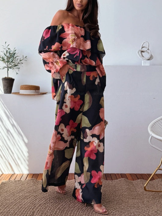 Unique Casual Print Loose Black Flowers Set