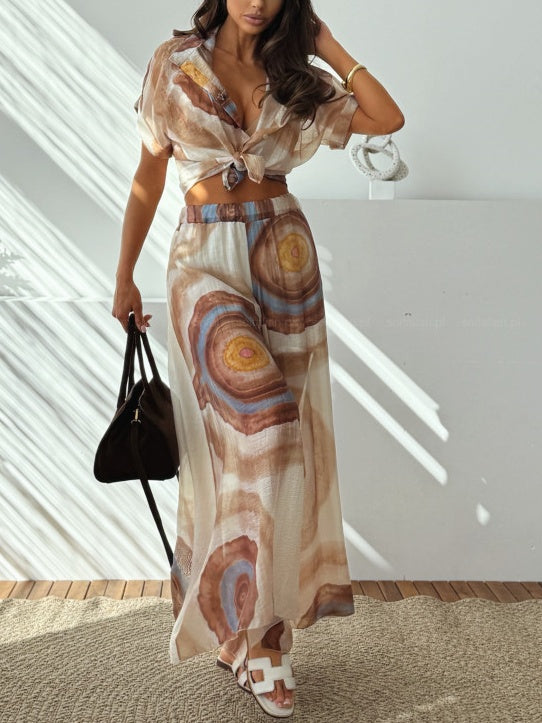 Unique Casual Print Loose Beige Set