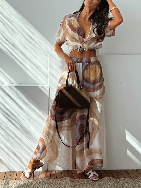Unique Casual Print Loose Beige Set
