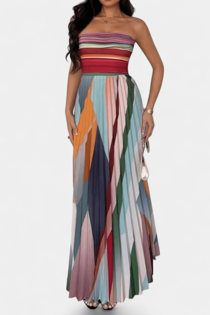 Leticia | Off-Shoulder Pleated Multicolour Maxi Dress
