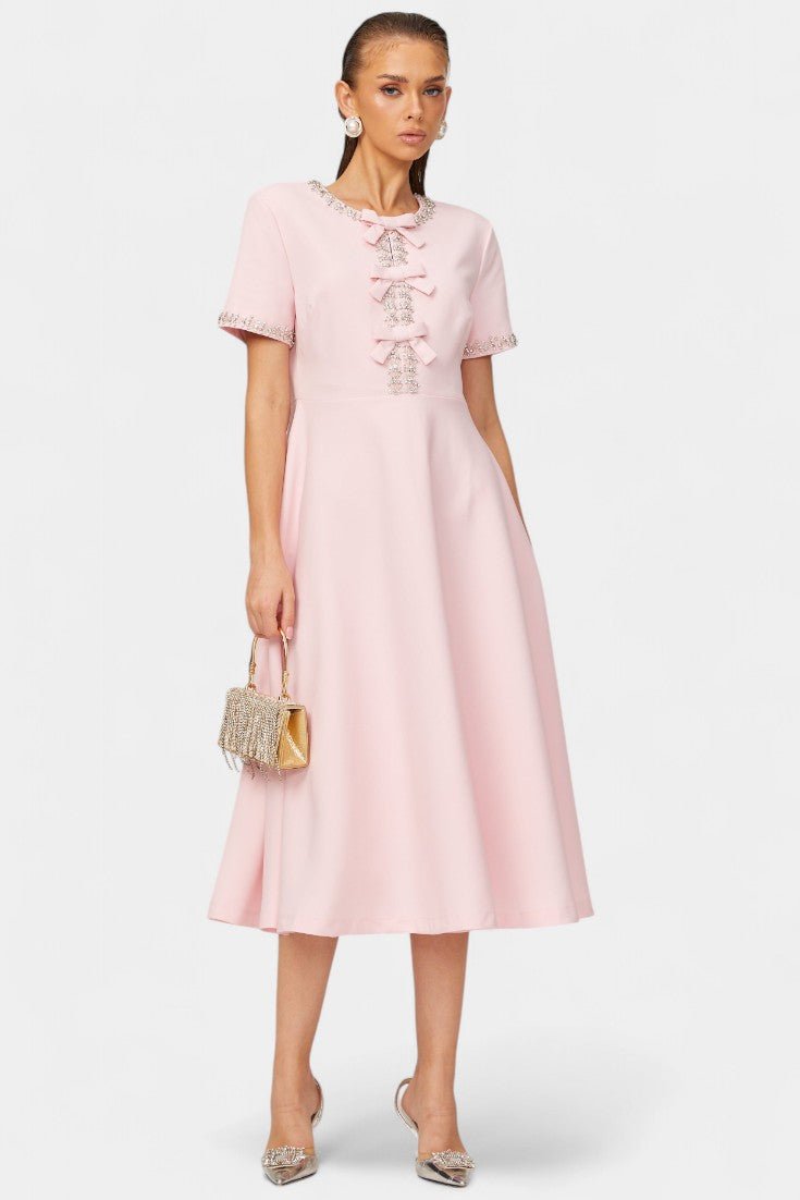 Linda | Crystal Bow Flared Midi Dress