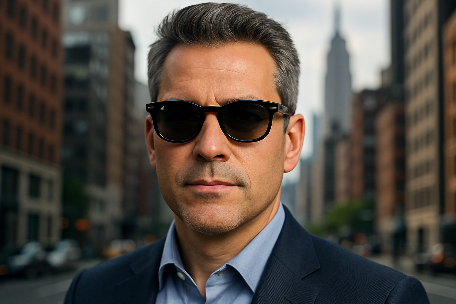 man in new york in his late 40s wearing sunglasses close up of face like facebook profile photo