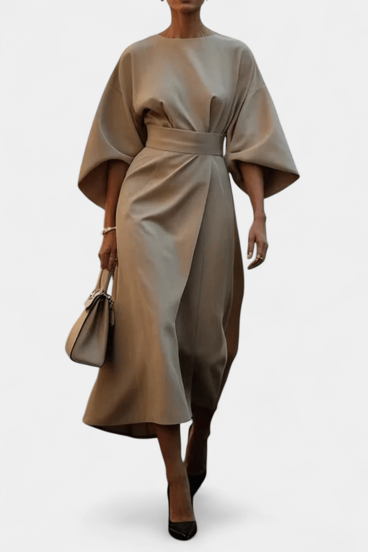 Micaela | Belted Lantern Sleeve Midi Dress