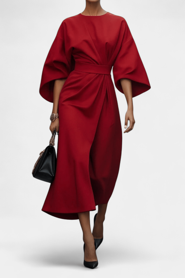 Micaela | Belted Lantern Sleeve Midi Dress