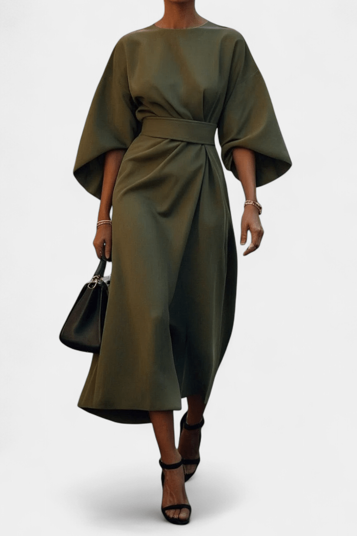Micaela | Belted Lantern Sleeve Midi Dress