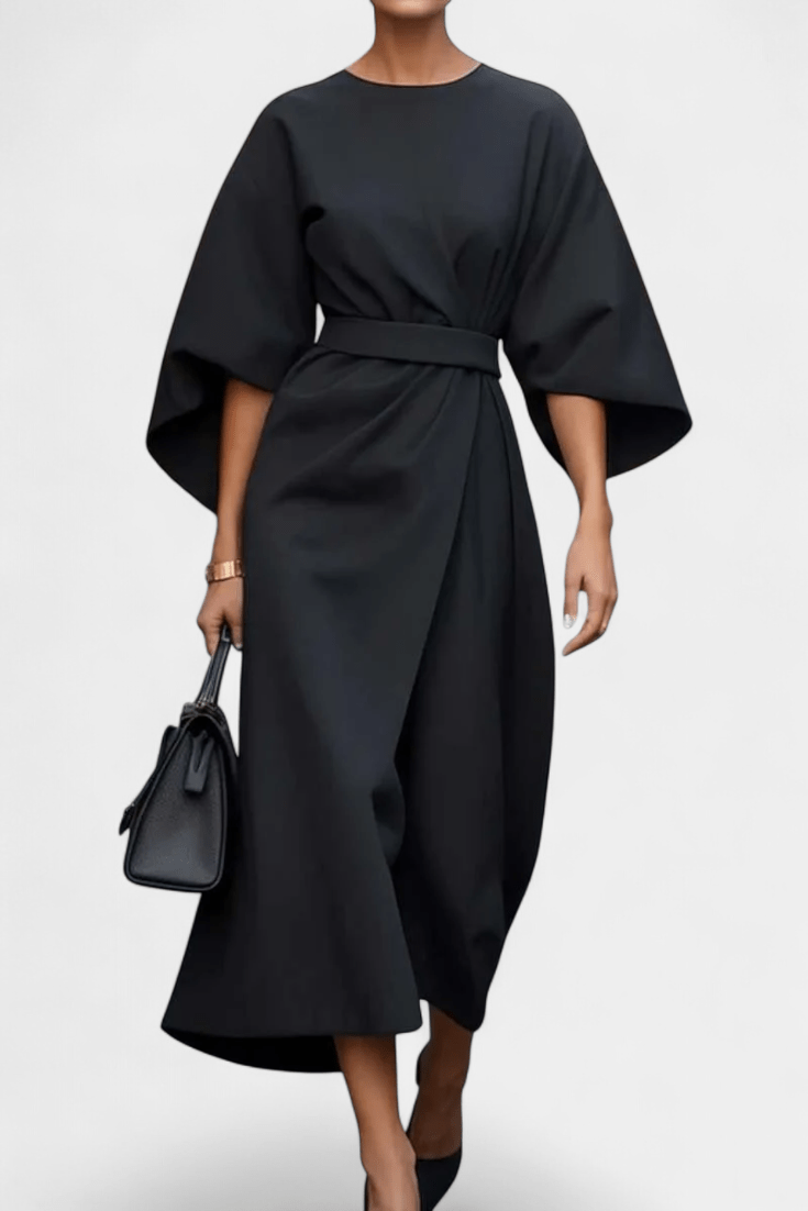 Micaela | Belted Lantern Sleeve Midi Dress
