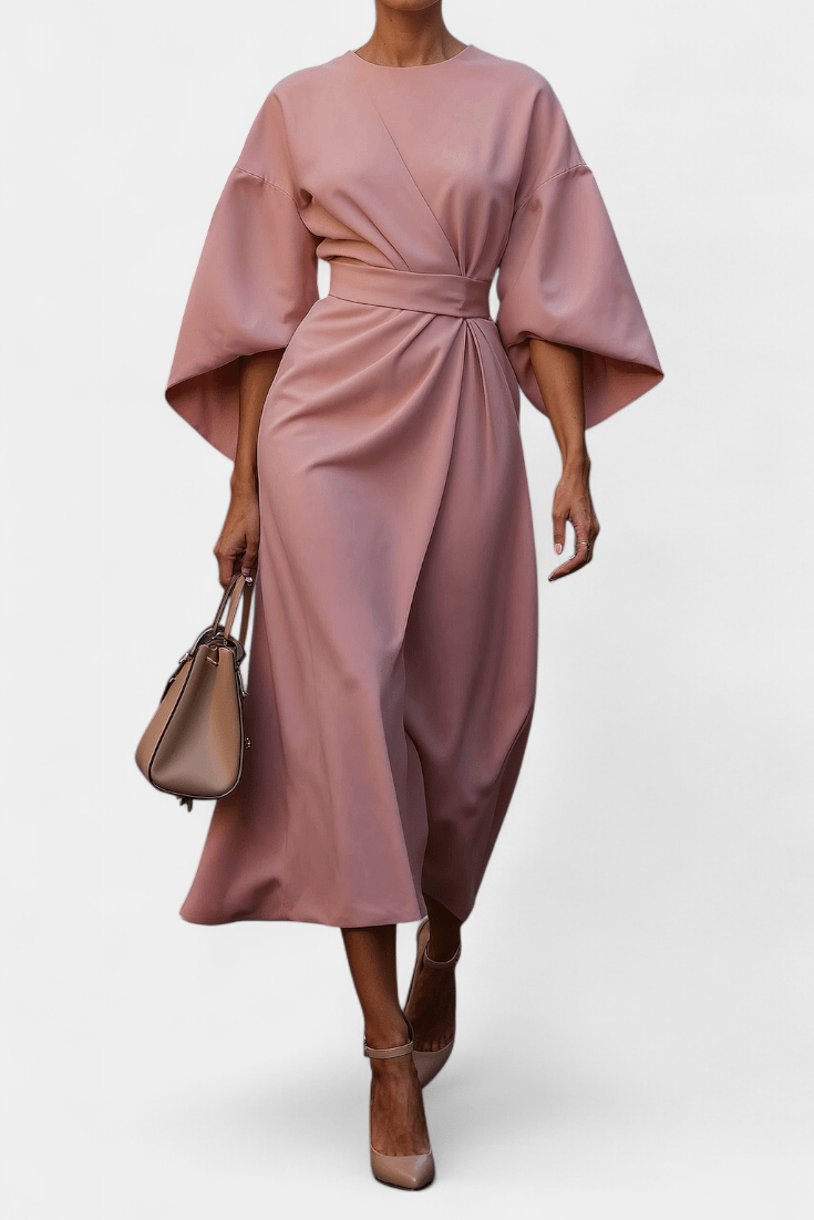 Micaela | Belted Lantern Sleeve Midi Dress