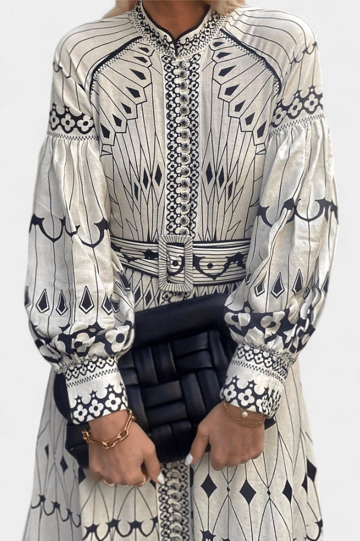 Soria | Embroidered Folk Print Button Maxi Dress