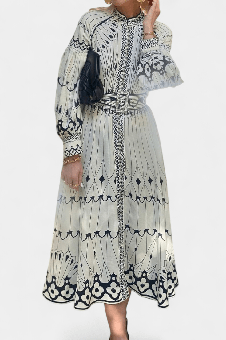 Soria | Embroidered Folk Print Button Maxi Dress