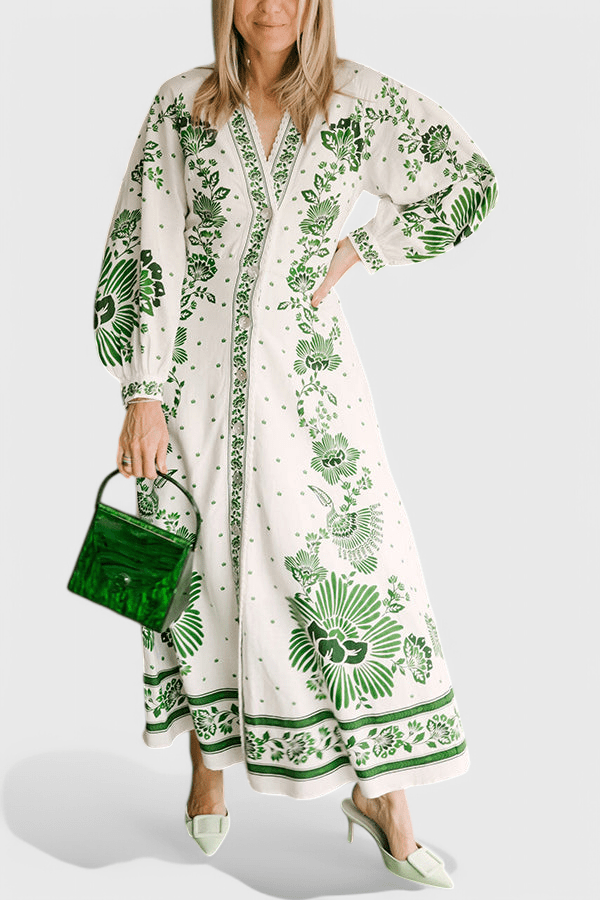 Unique | Print Button Down Long Sleeve Shirt Maxi Dress