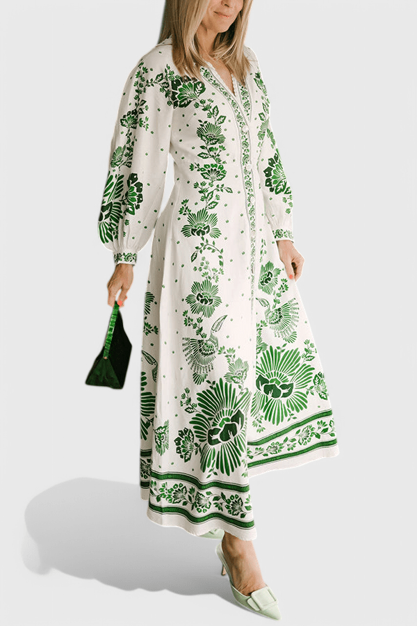 Unique | Print Button Down Long Sleeve Shirt Maxi Dress