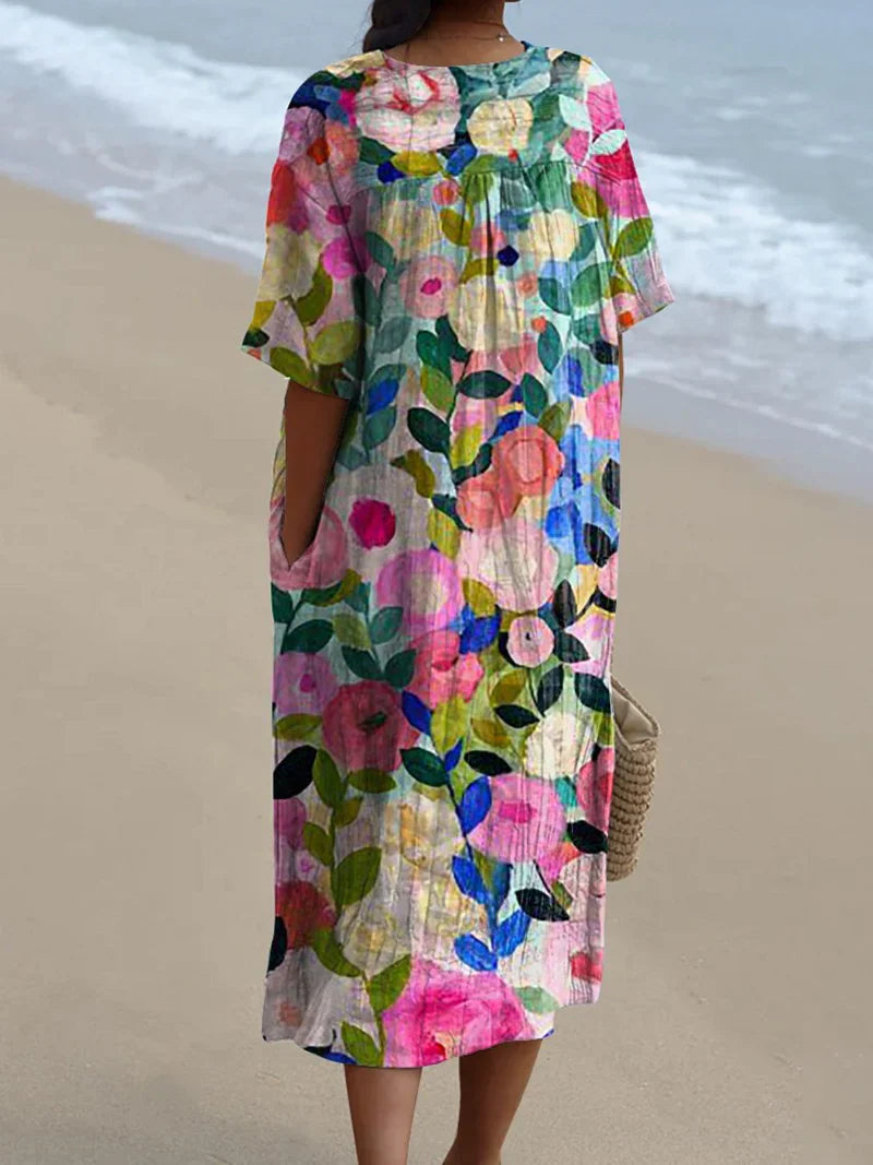 Vibrant Floral Garden Print Flowy Dress for Women